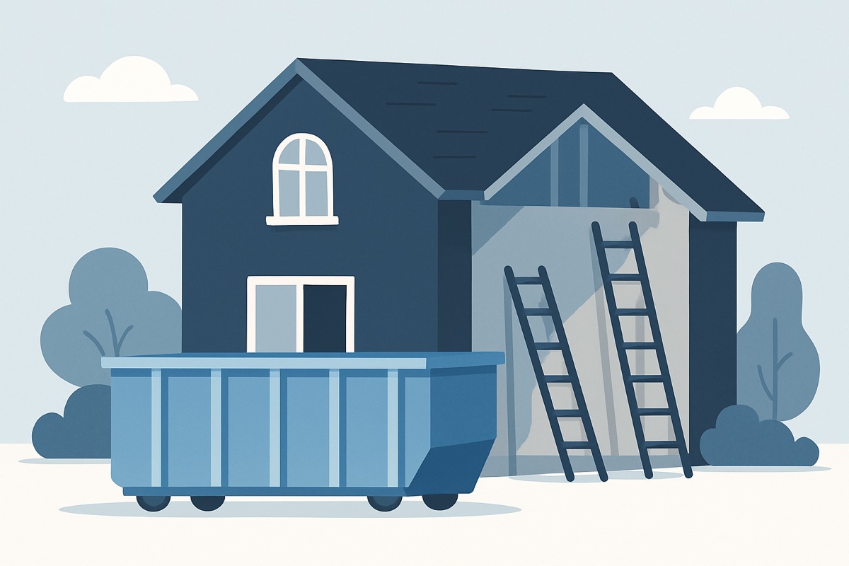 Illustration of a roll-off dumpster at a home