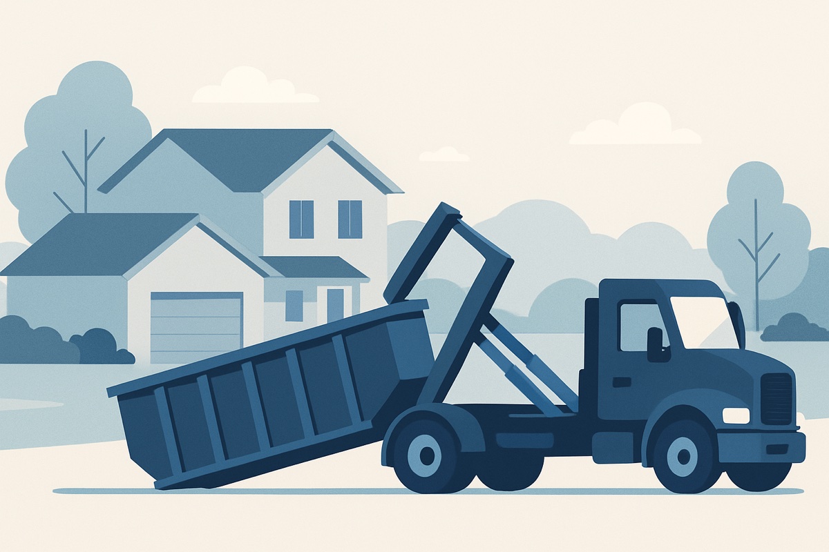 Illustration of a roll-off dumpster at a home