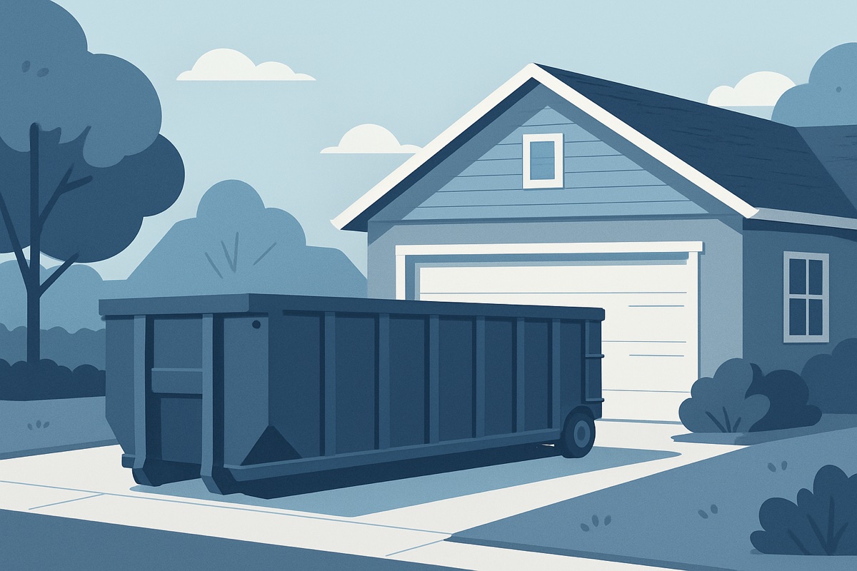 Illustration of a roll-off dumpster at a home