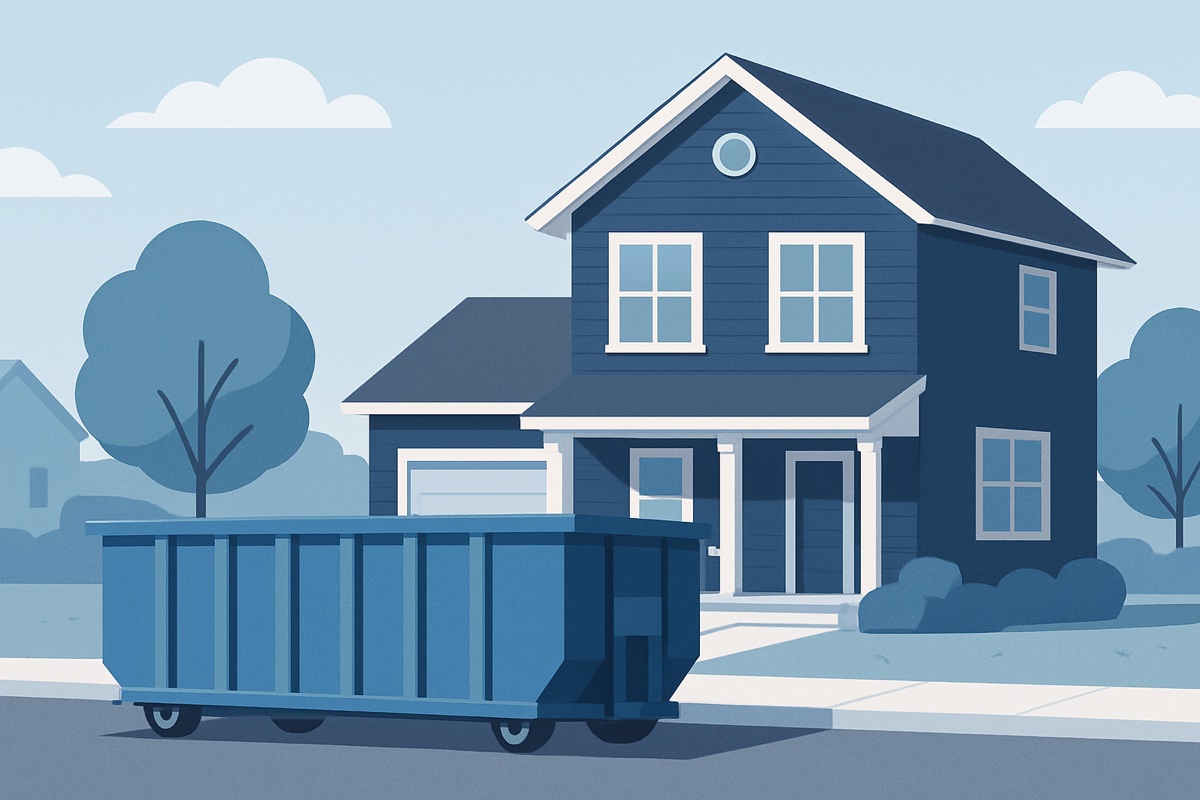 Illustration of a roll-off dumpster at a home