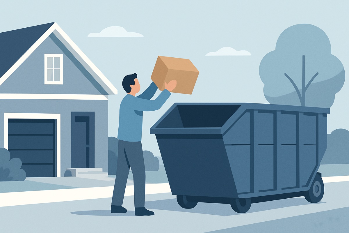 Illustration of a roll-off dumpster at a home