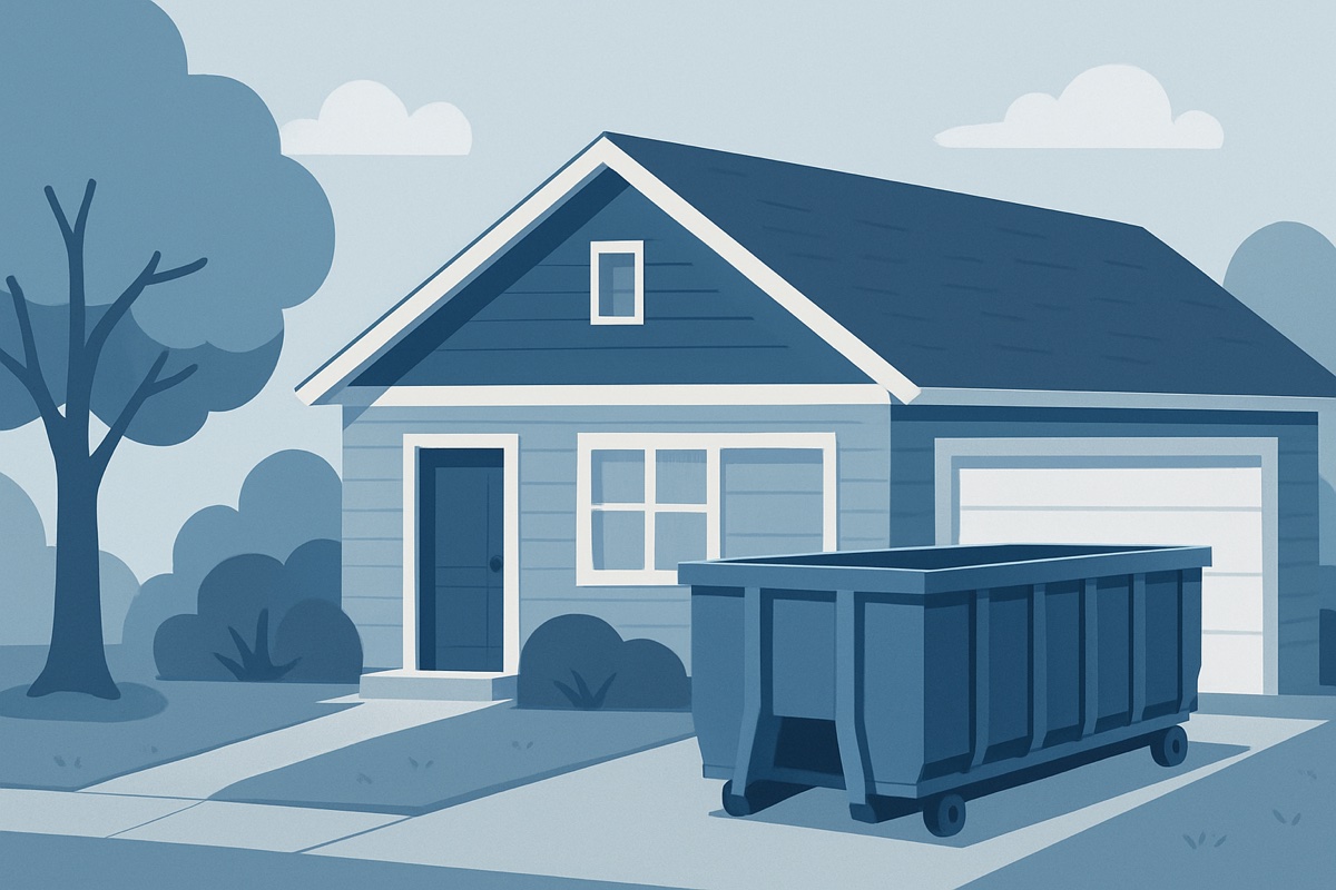 Illustration of a roll-off dumpster at a home