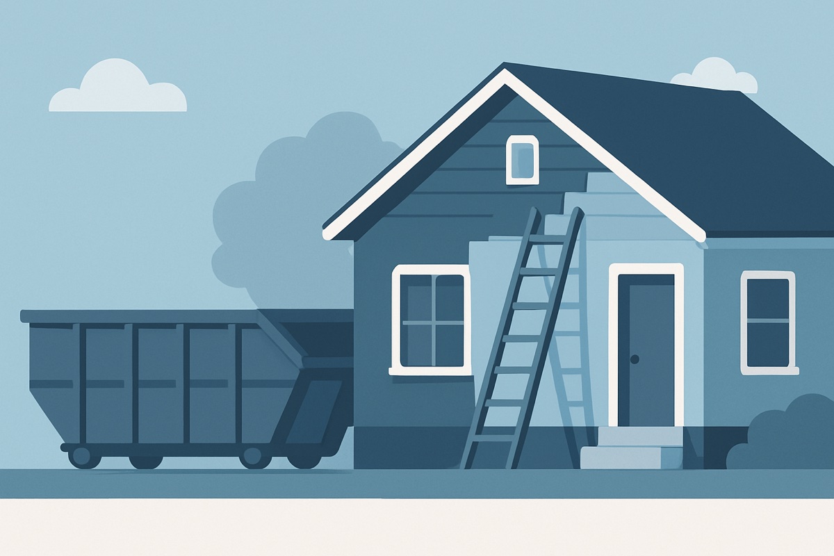 Illustration of a roll-off dumpster at a home