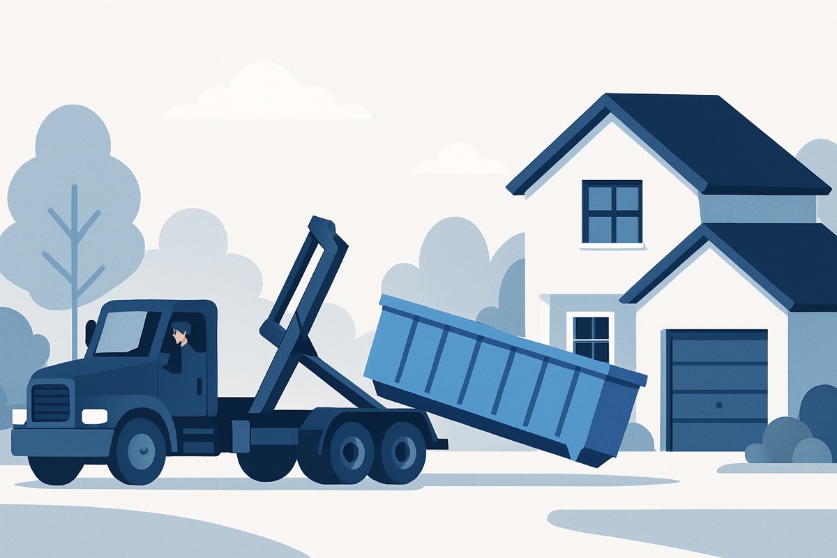 Illustration of a roll-off dumpster at a home