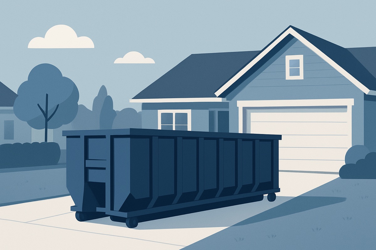 Illustration of a roll-off dumpster at a home