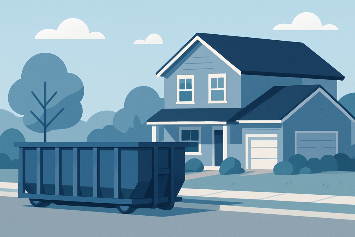 Illustration of a roll-off dumpster at a home
