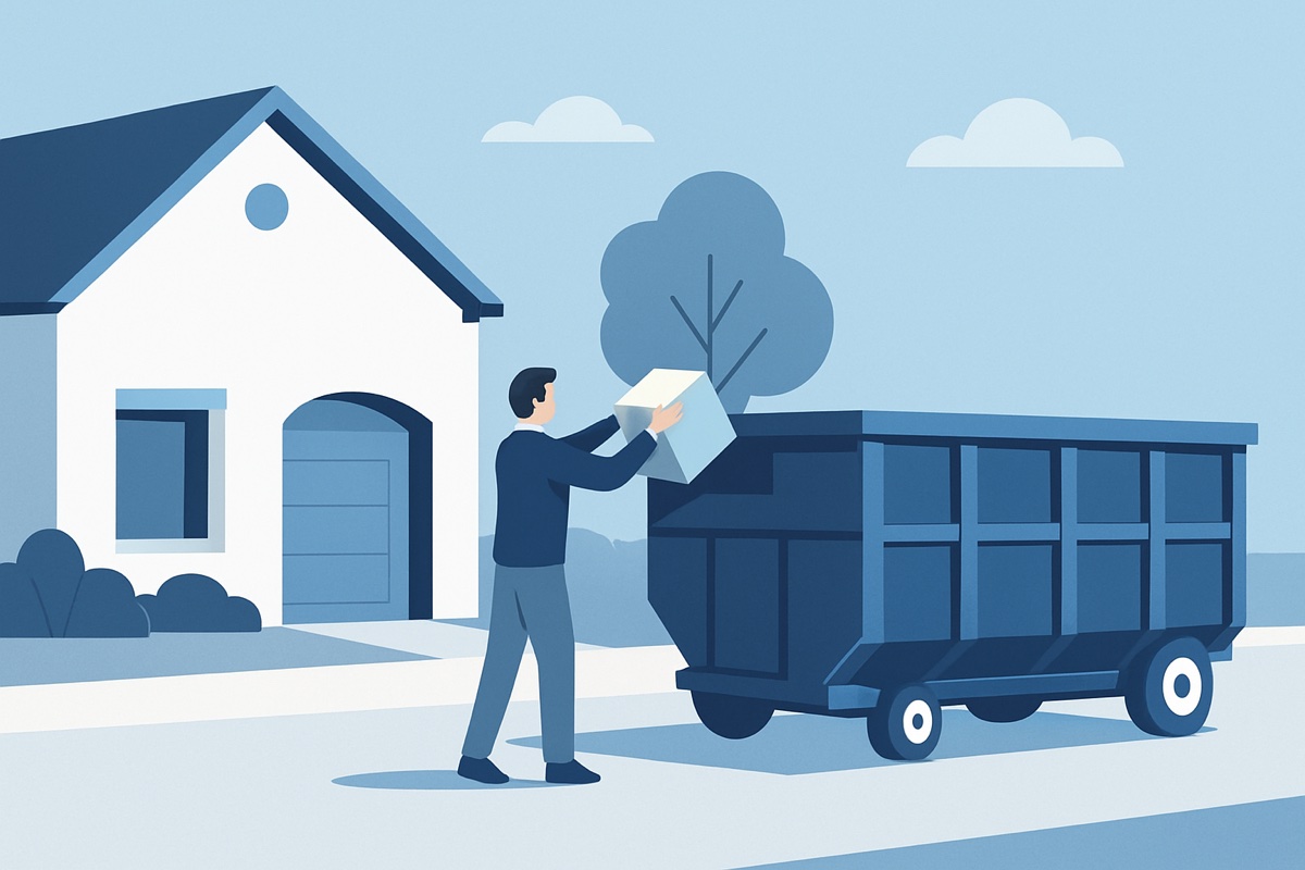 Illustration of a roll-off dumpster at a home