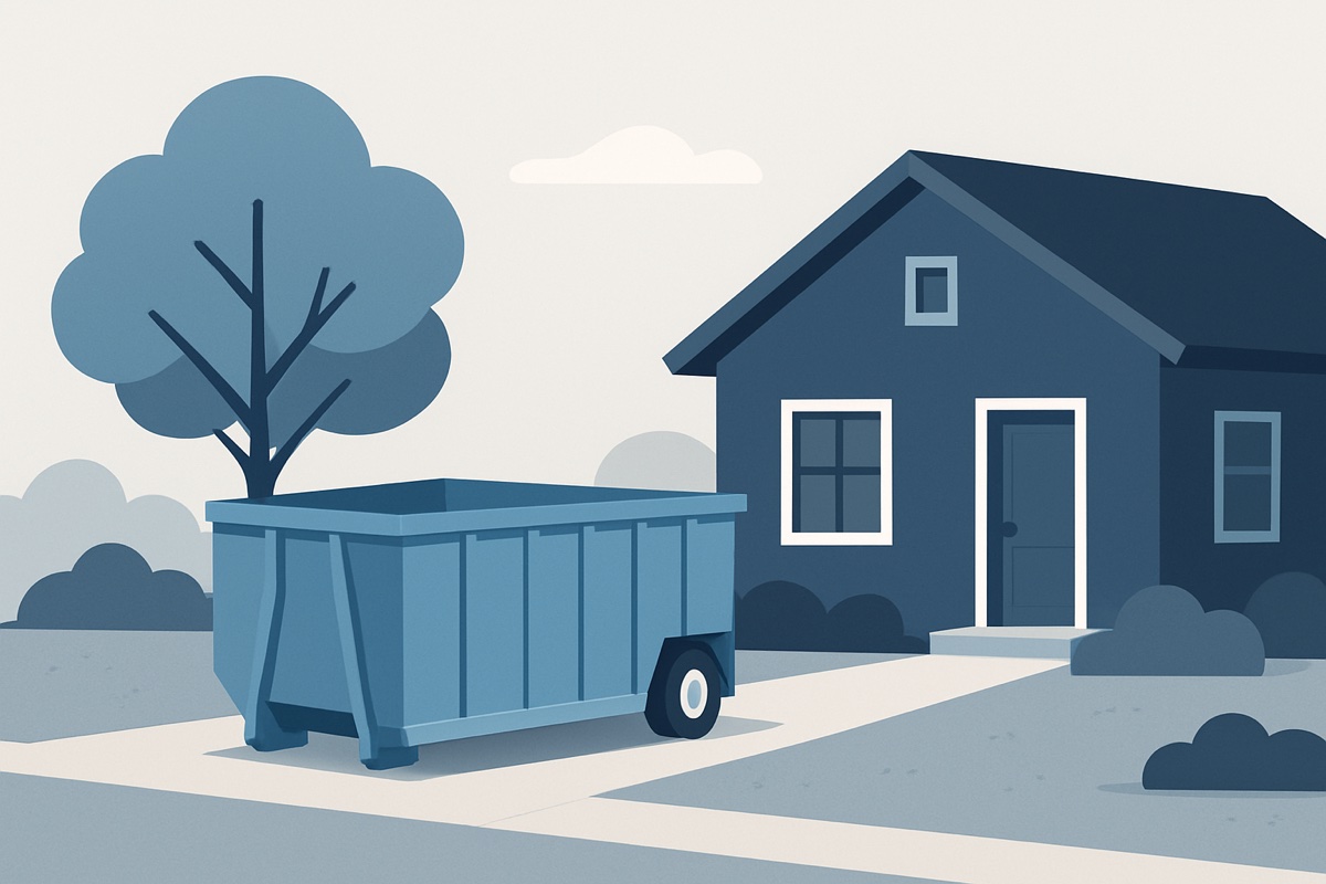 Illustration of a roll-off dumpster at a home