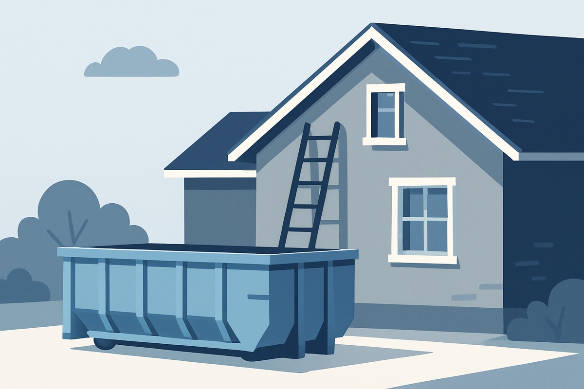 Illustration of a roll-off dumpster at a home