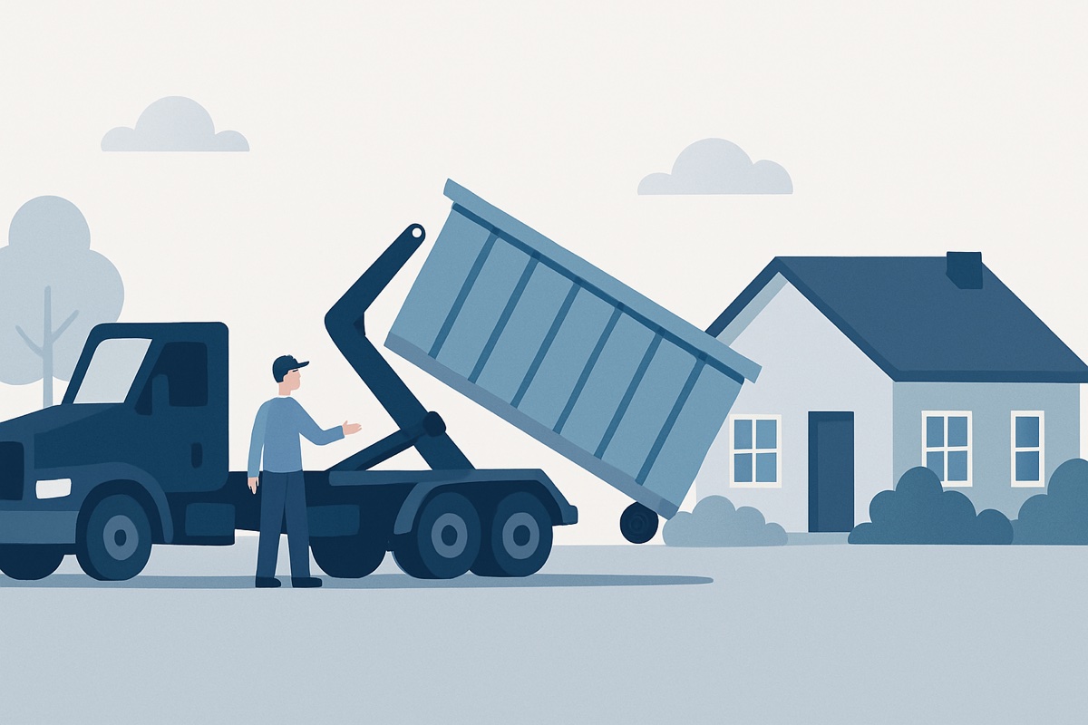 Illustration of a roll-off dumpster at a home