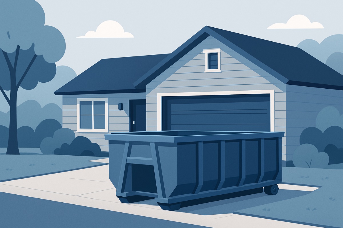 Illustration of a roll-off dumpster at a home