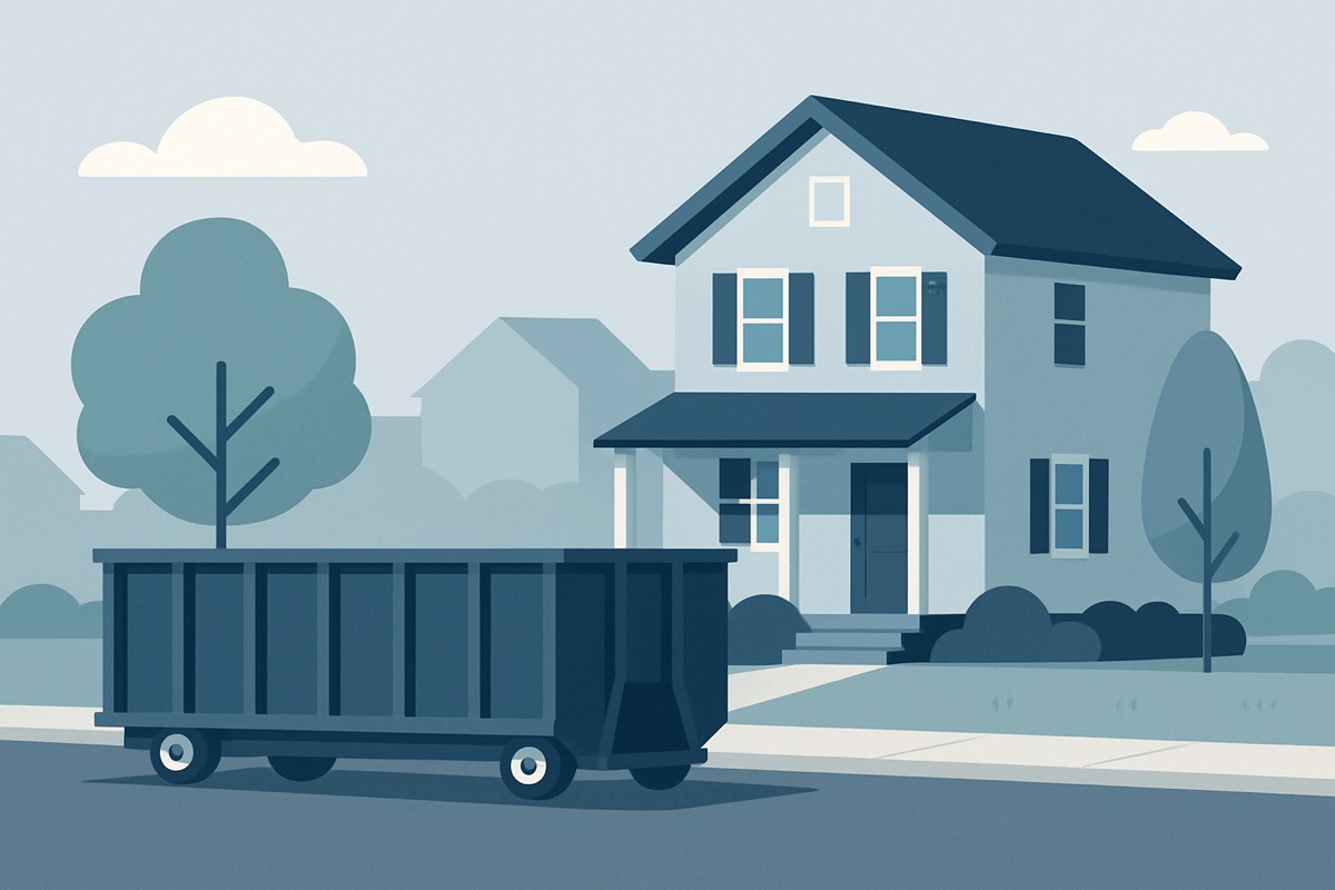 Illustration of a roll-off dumpster at a home