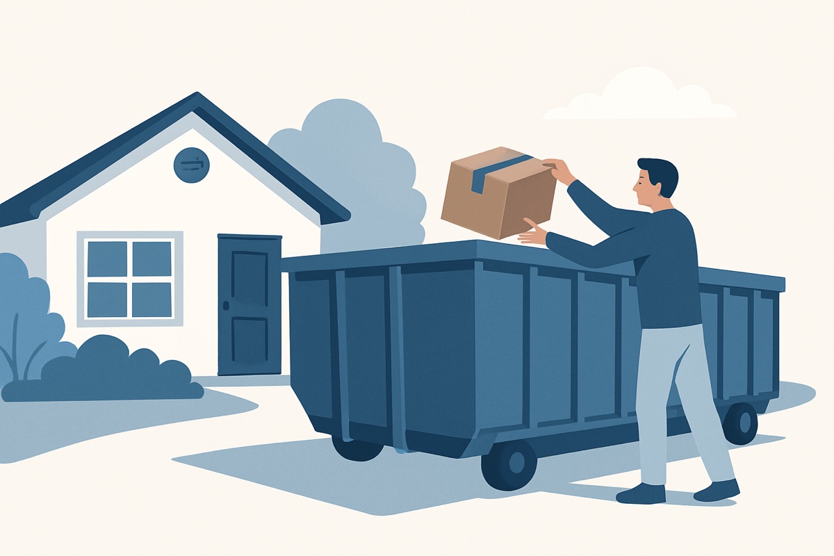 Illustration of a roll-off dumpster at a home