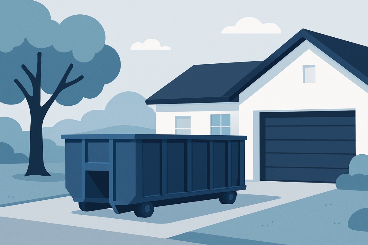 Illustration of a roll-off dumpster at a home