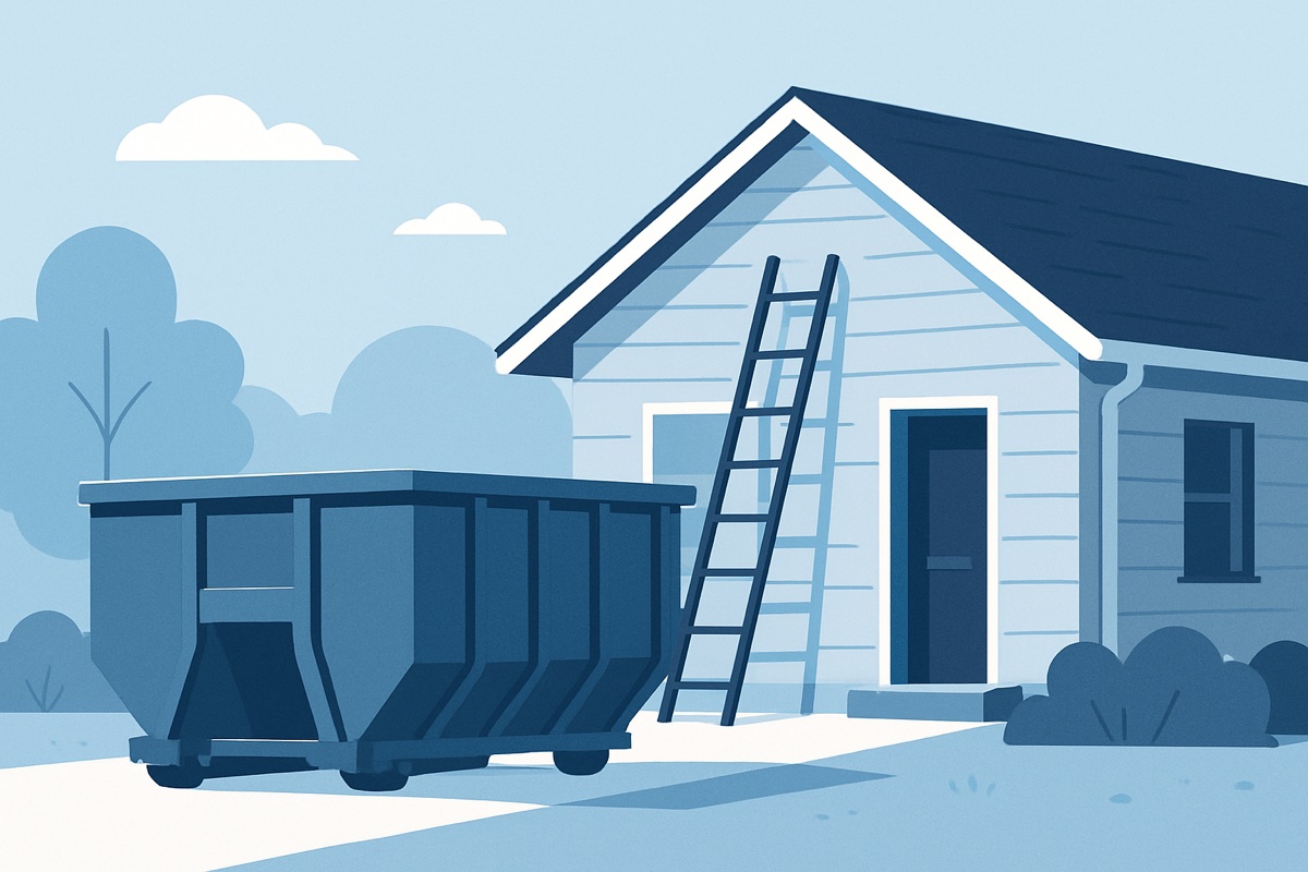 Illustration of a roll-off dumpster at a home
