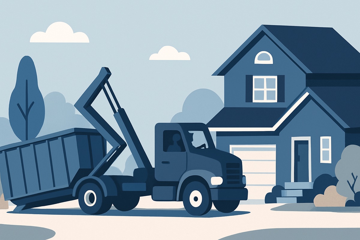 Illustration of a roll-off dumpster at a home