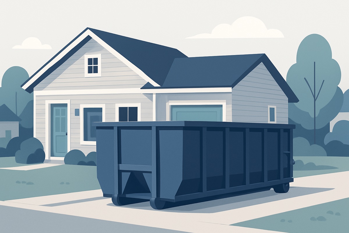 Illustration of a roll-off dumpster at a home