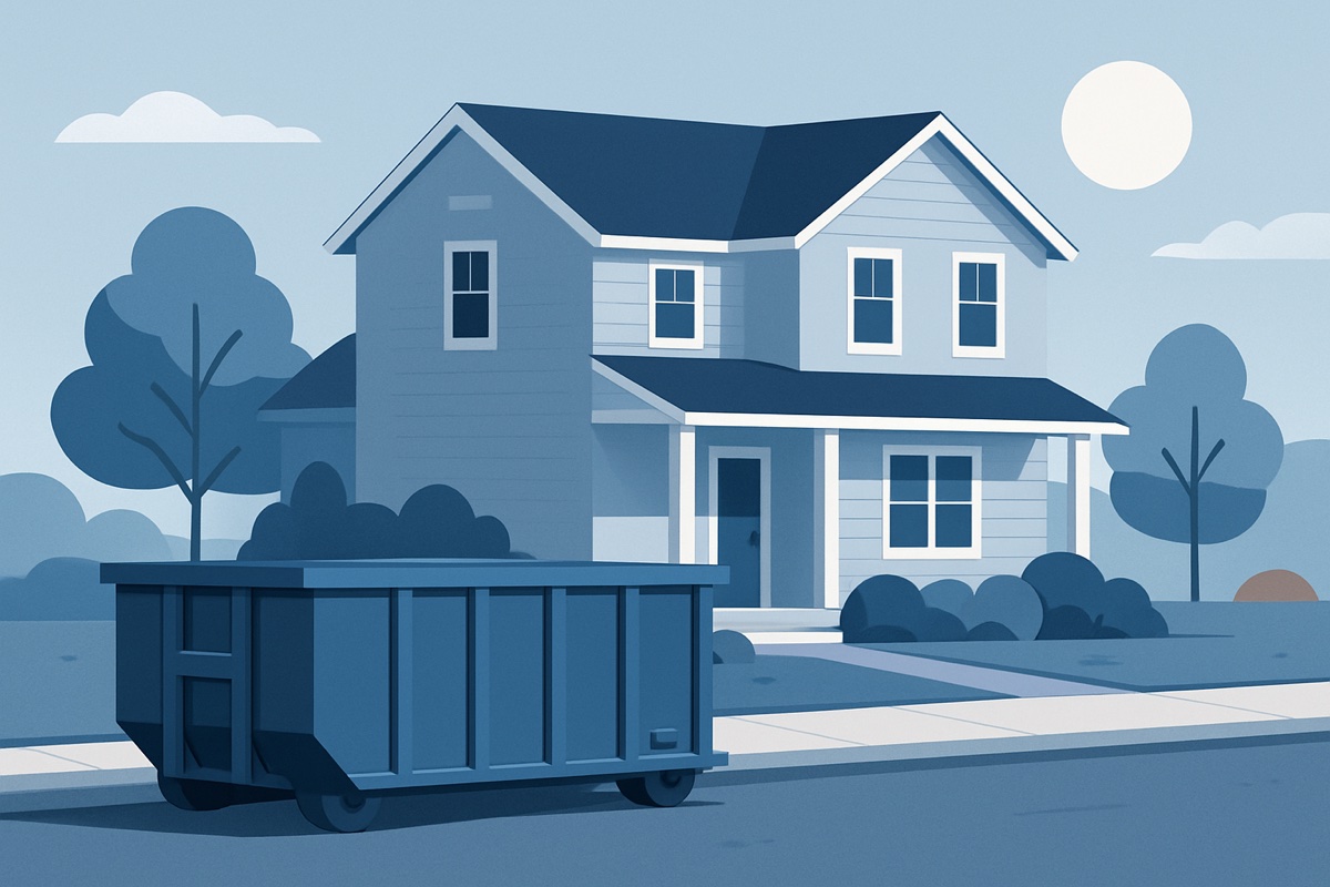 Illustration of a roll-off dumpster at a home