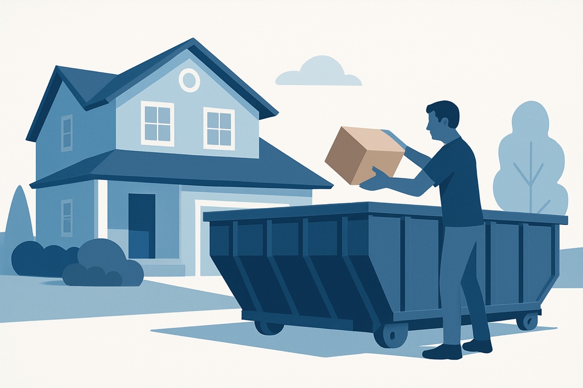 Illustration of a roll-off dumpster at a home