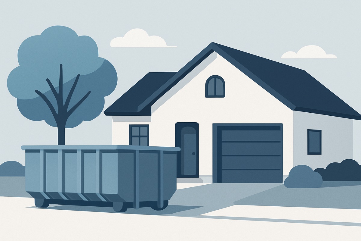 Illustration of a roll-off dumpster at a home