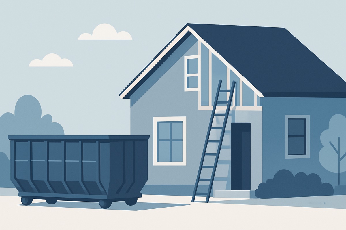 Illustration of a roll-off dumpster at a home