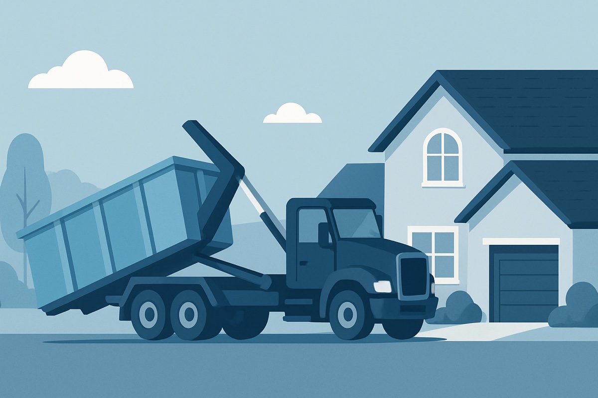 Illustration of a roll-off dumpster at a home
