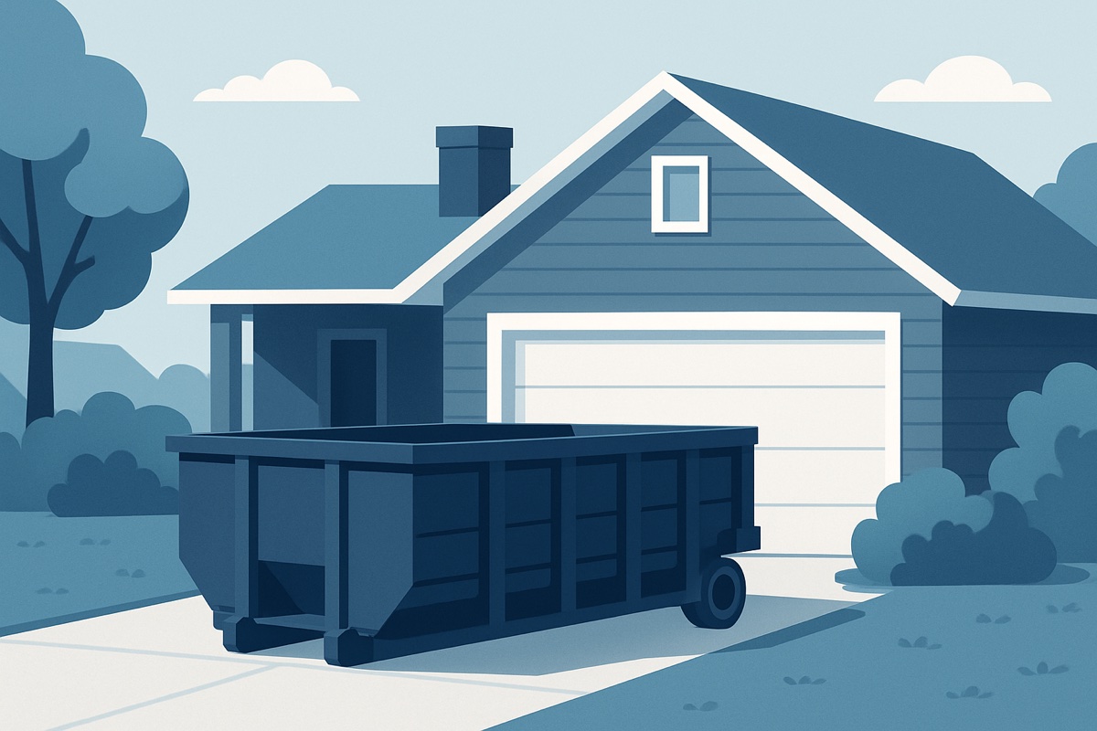 Illustration of a roll-off dumpster at a home