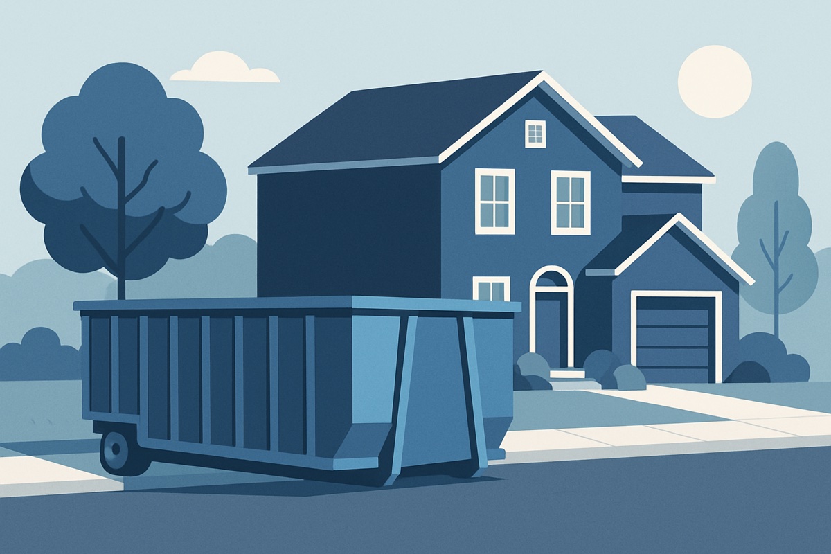 Illustration of a roll-off dumpster at a home