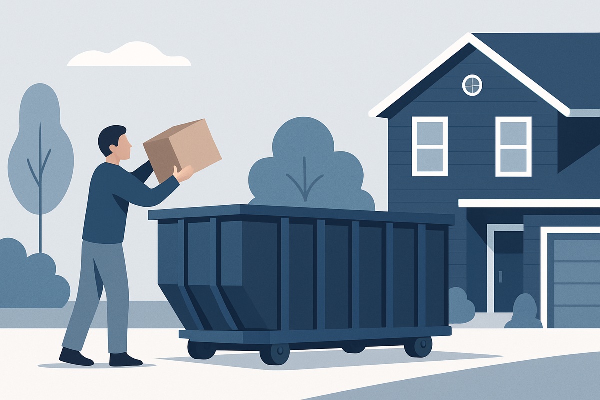 Illustration of a roll-off dumpster at a home