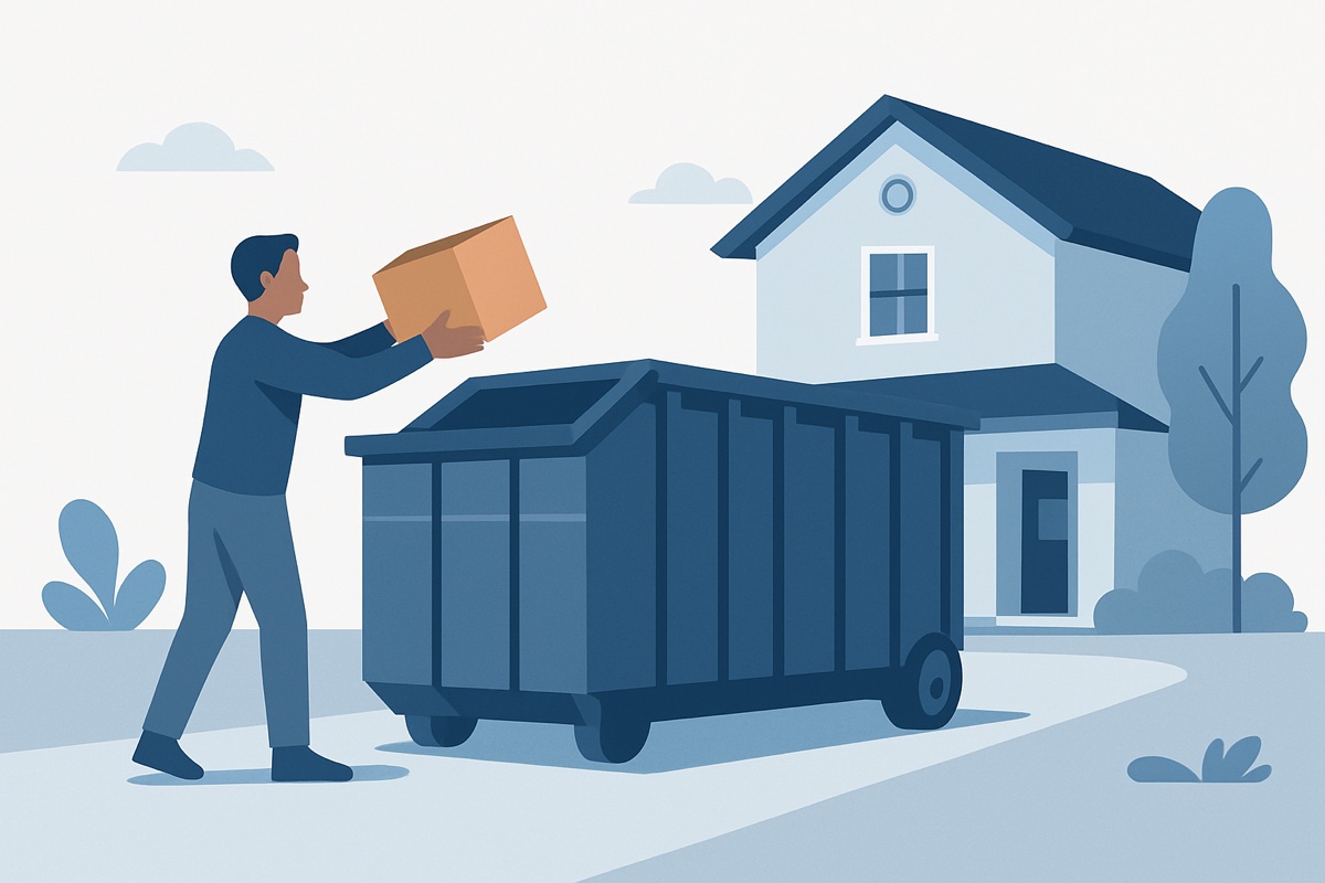 Illustration of a roll-off dumpster at a home