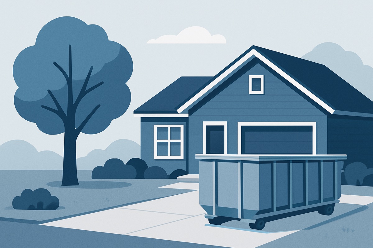 Illustration of a roll-off dumpster at a home