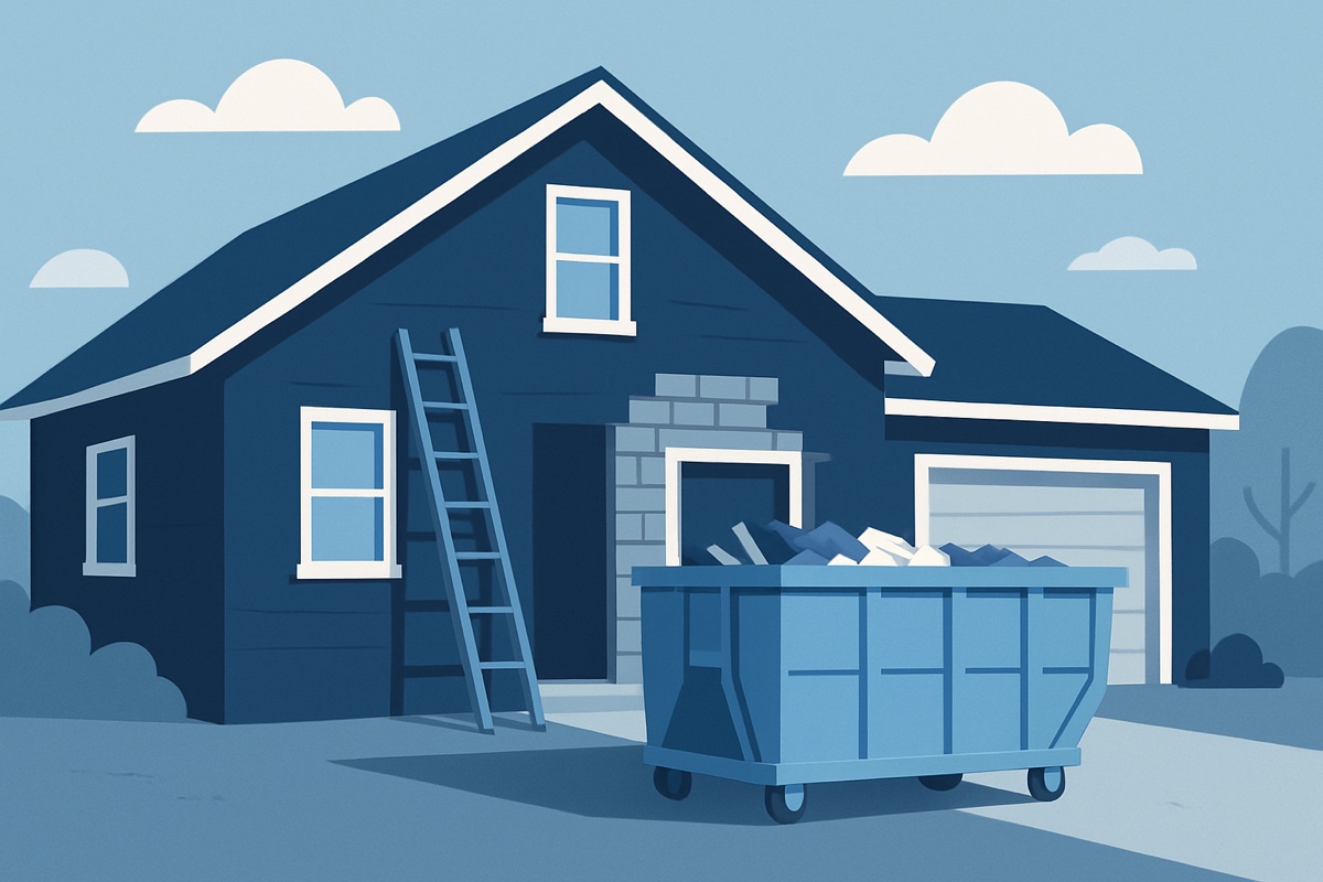Illustration of a roll-off dumpster at a home