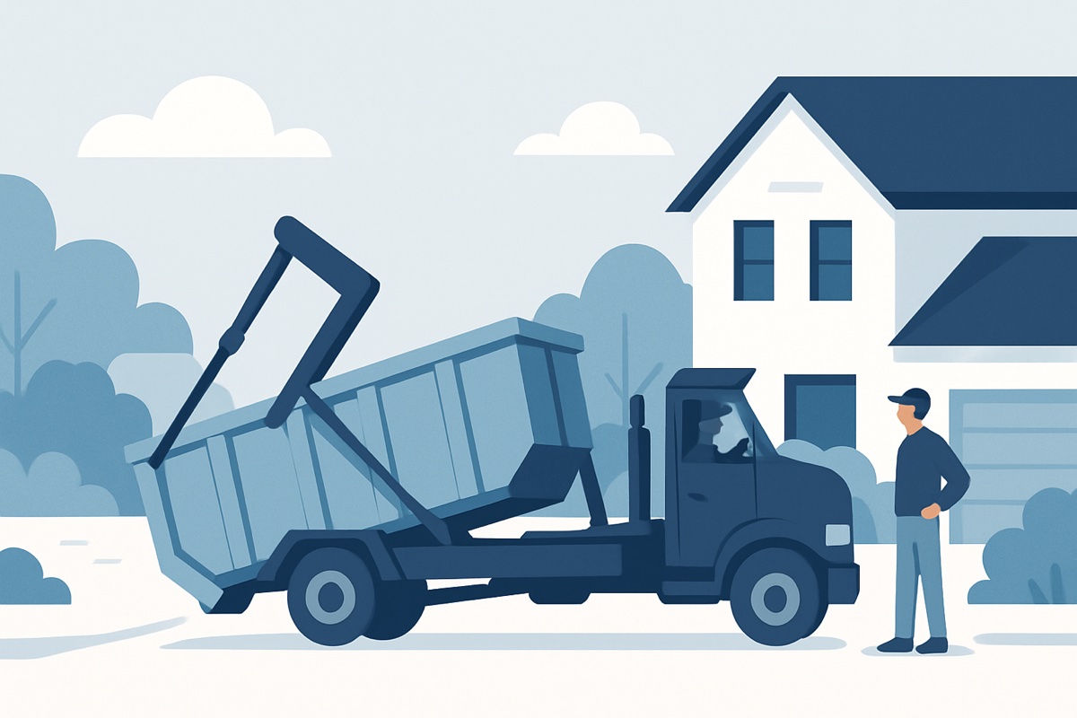 Illustration of a roll-off dumpster at a home