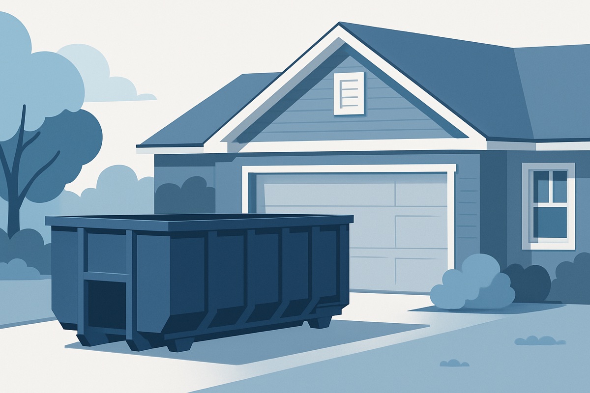 Illustration of a roll-off dumpster at a home