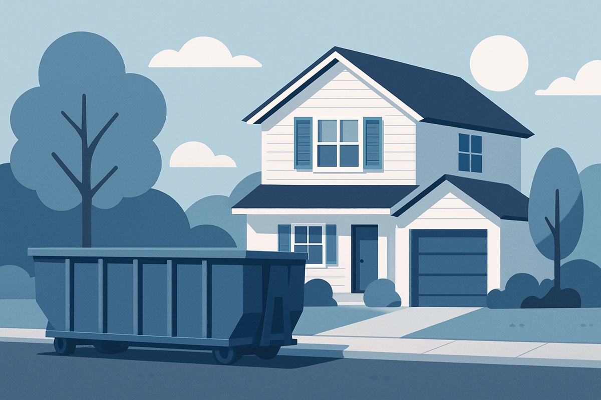 Illustration of a roll-off dumpster at a home
