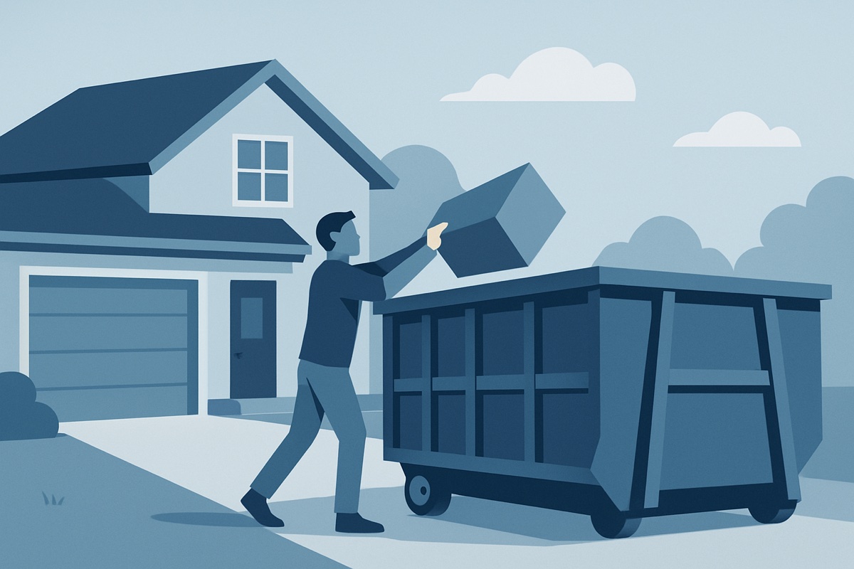Illustration of a roll-off dumpster at a home