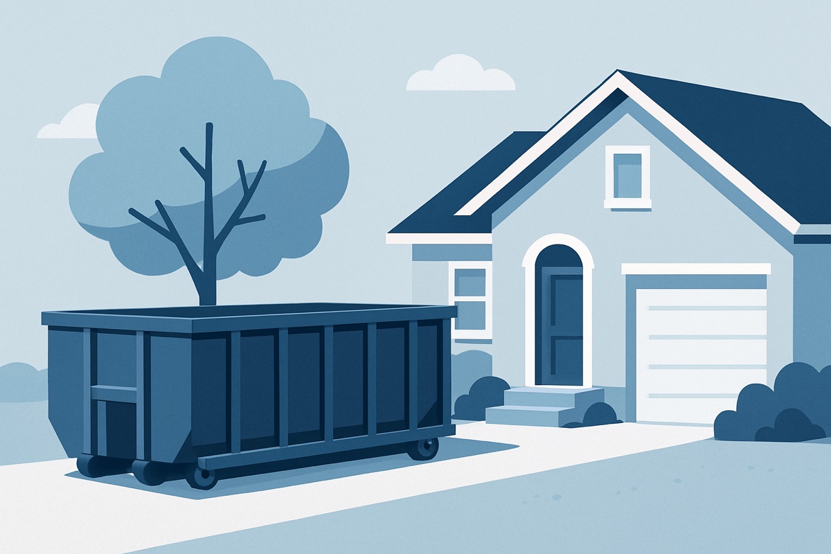 Illustration of a roll-off dumpster at a home