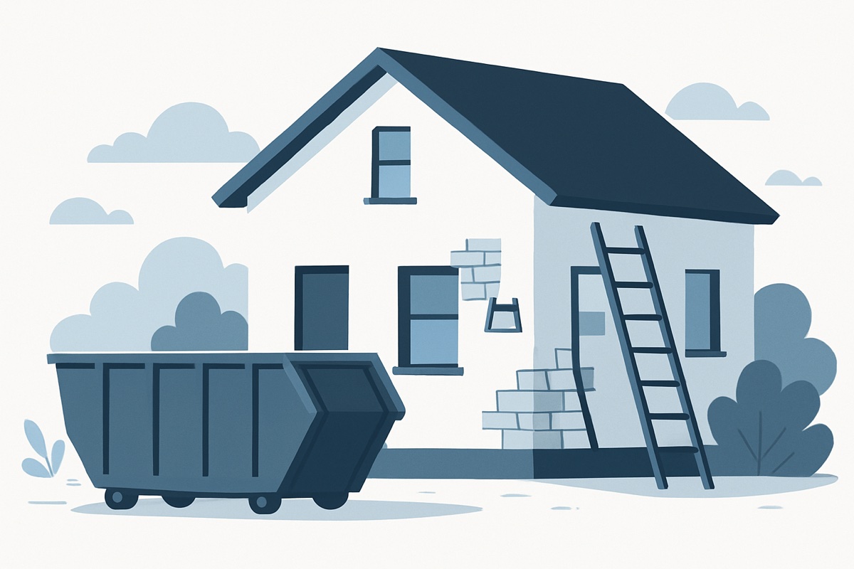 Illustration of a roll-off dumpster at a home
