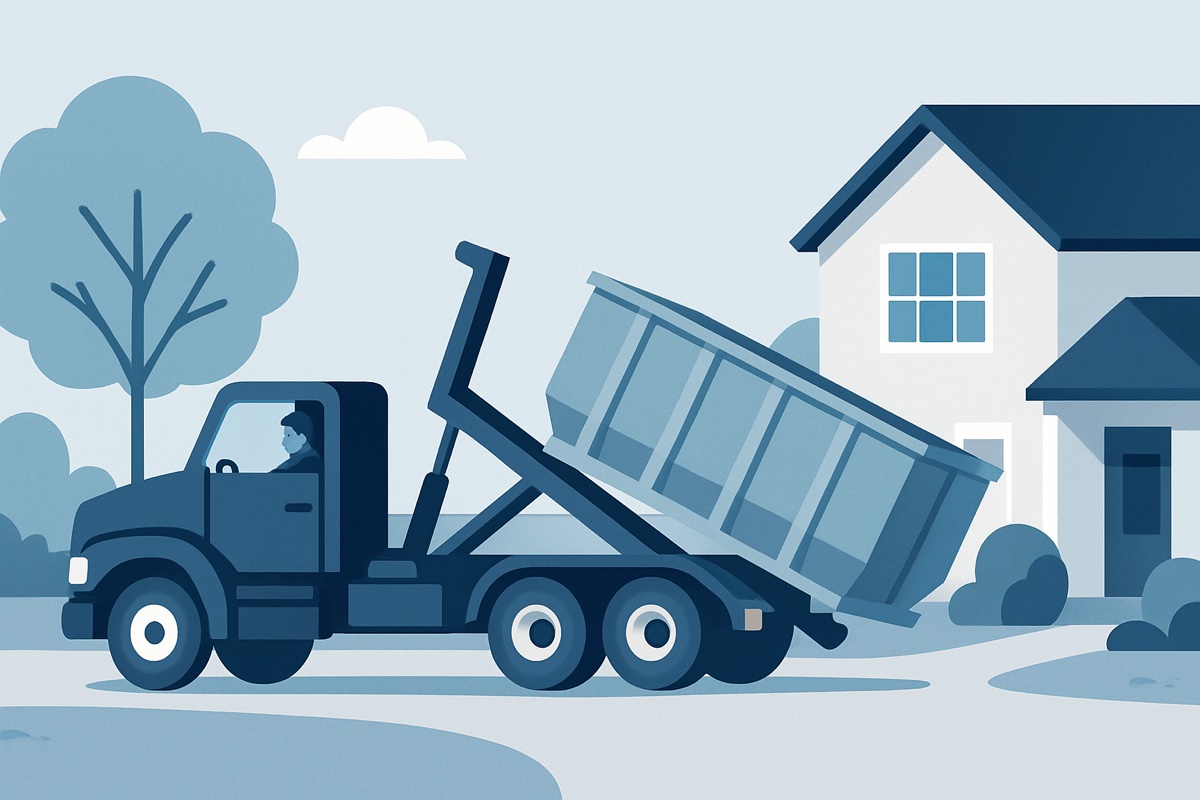 Illustration of a roll-off dumpster at a home