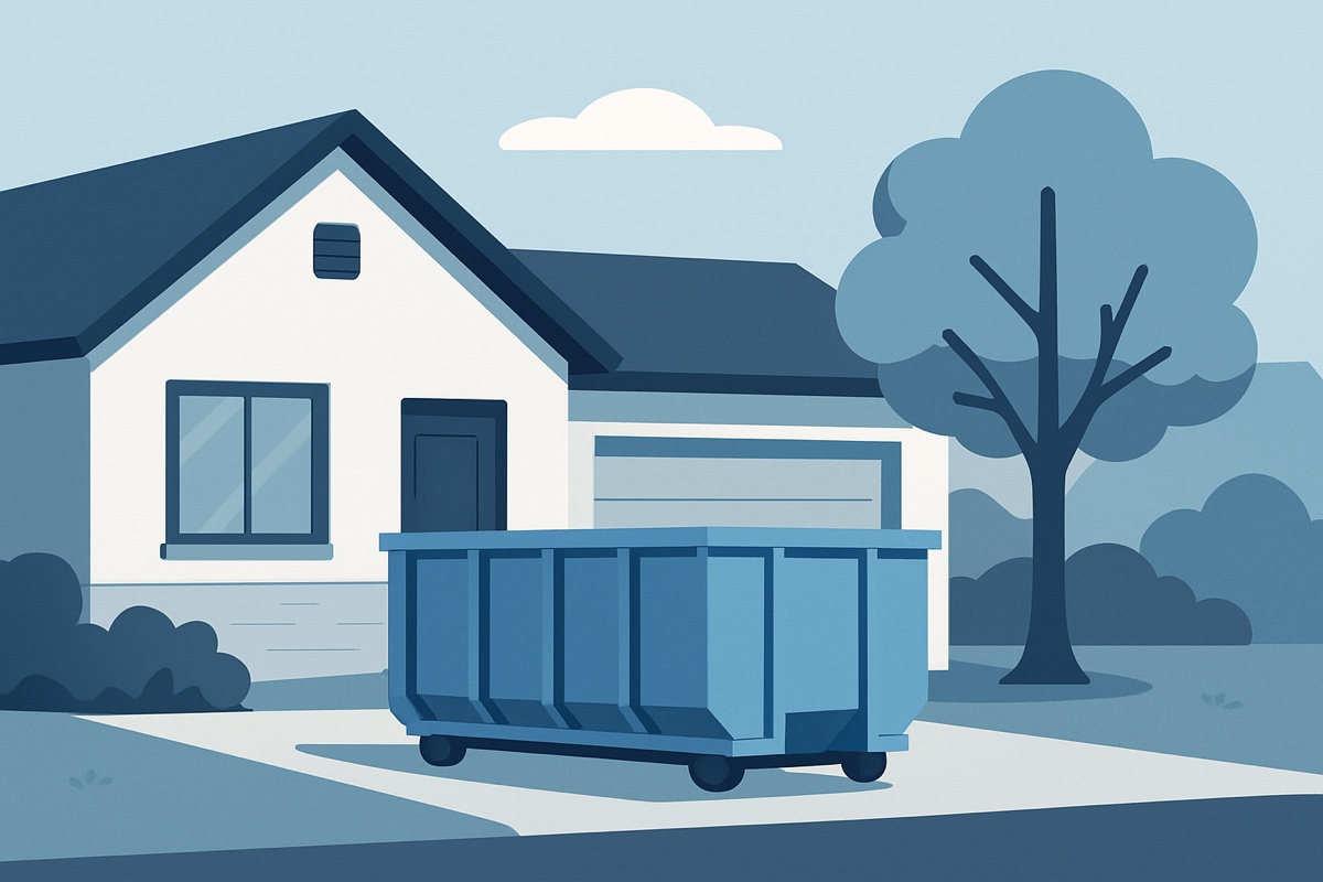 Illustration of a roll-off dumpster at a home