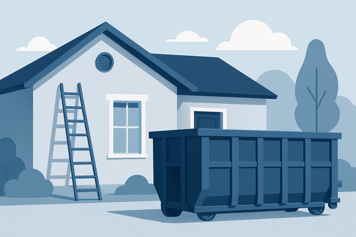 Illustration of a roll-off dumpster at a home