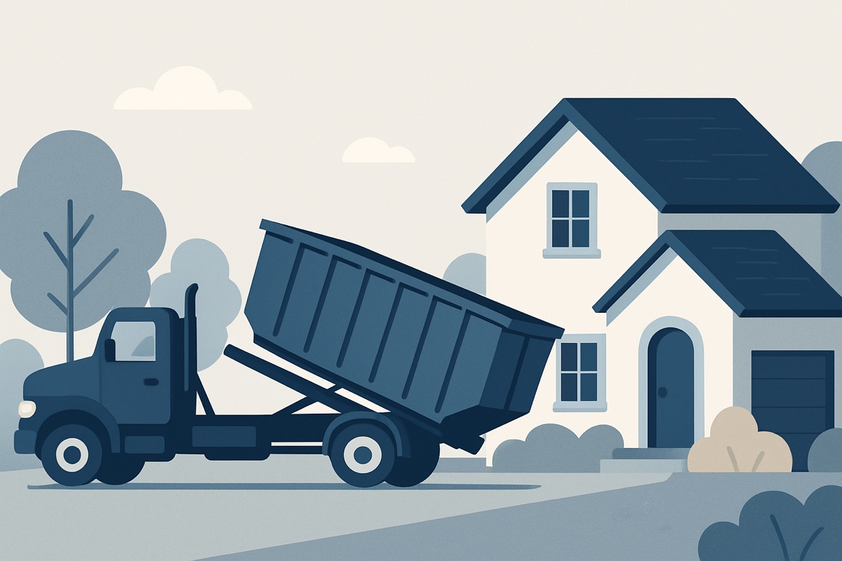 Illustration of a roll-off dumpster at a home