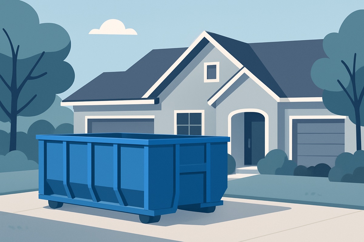 Illustration of a roll-off dumpster at a home