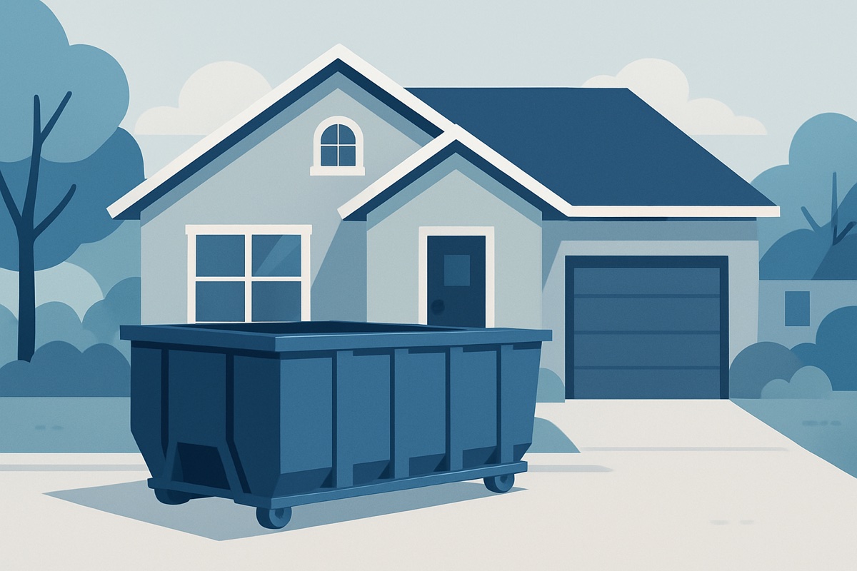Illustration of a roll-off dumpster at a home
