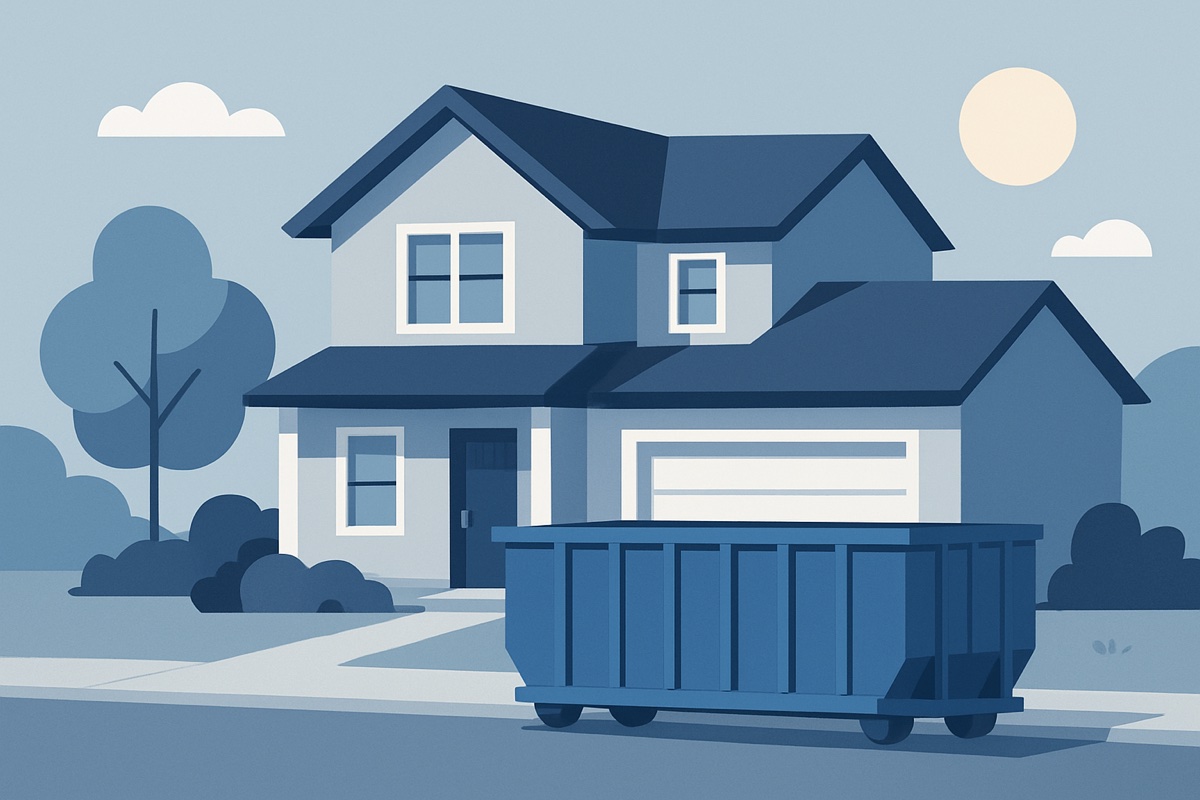 Illustration of a roll-off dumpster at a home