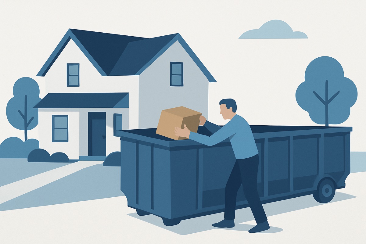 Illustration of a roll-off dumpster at a home