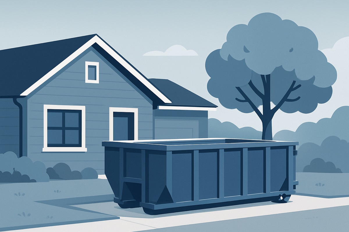 Illustration of a roll-off dumpster at a home