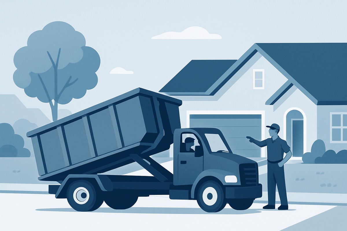 Illustration of a roll-off dumpster at a home