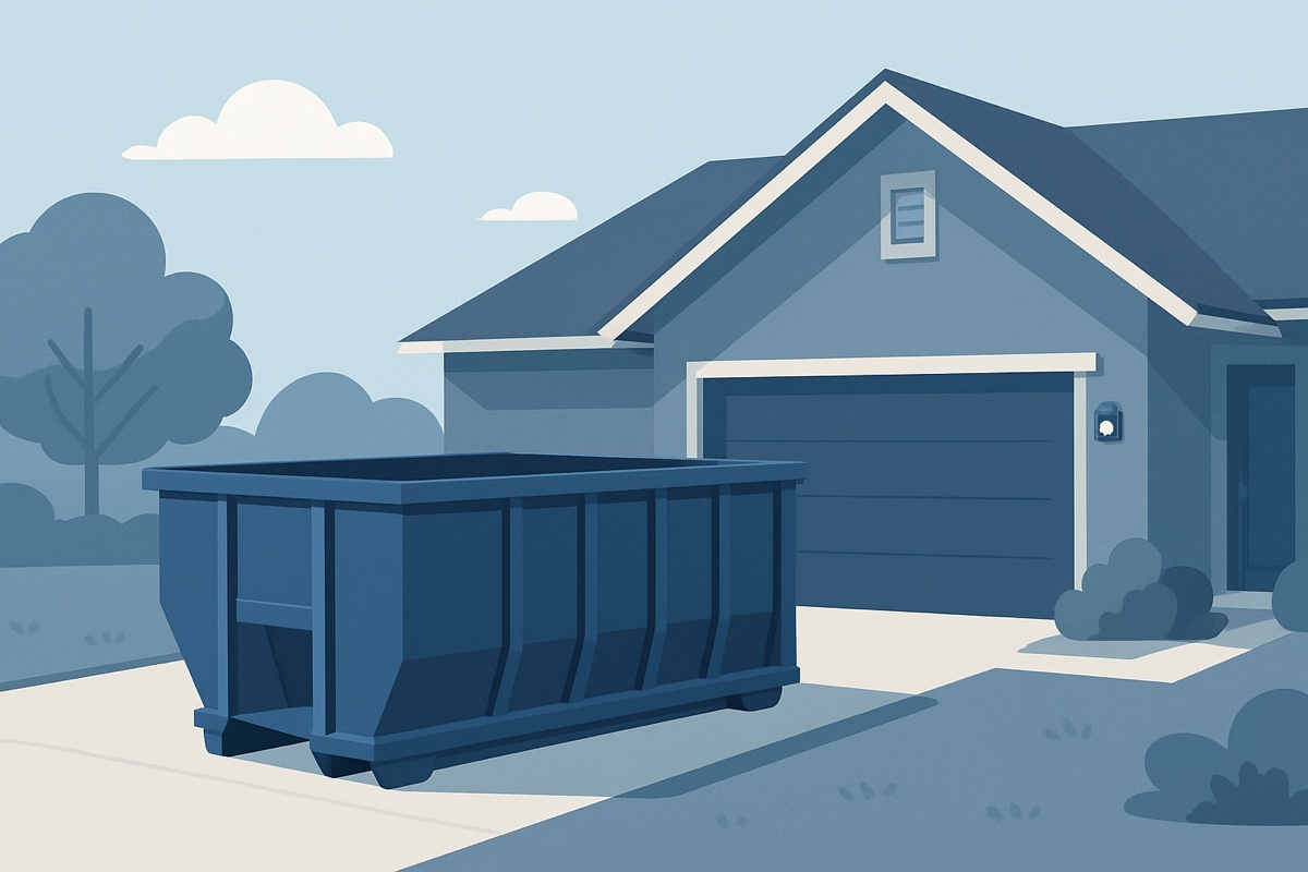 Illustration of a roll-off dumpster at a home
