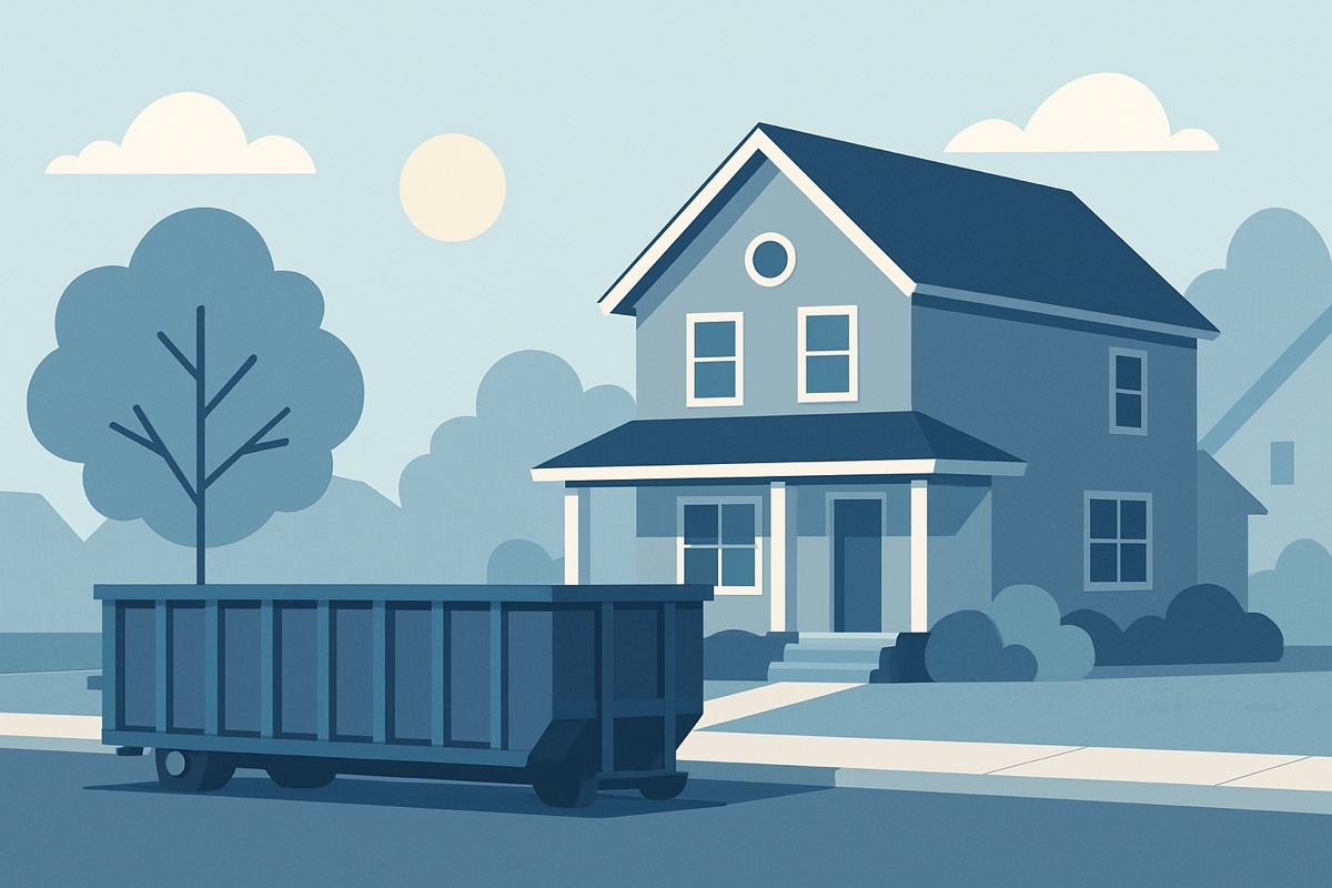 Illustration of a roll-off dumpster at a home